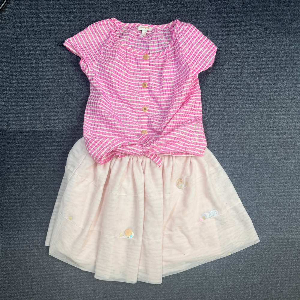 Cat &Jack Girls Pink Gingham Tie FrontTop M7/8 Tulle sequin tierSkirt L9/10 Set